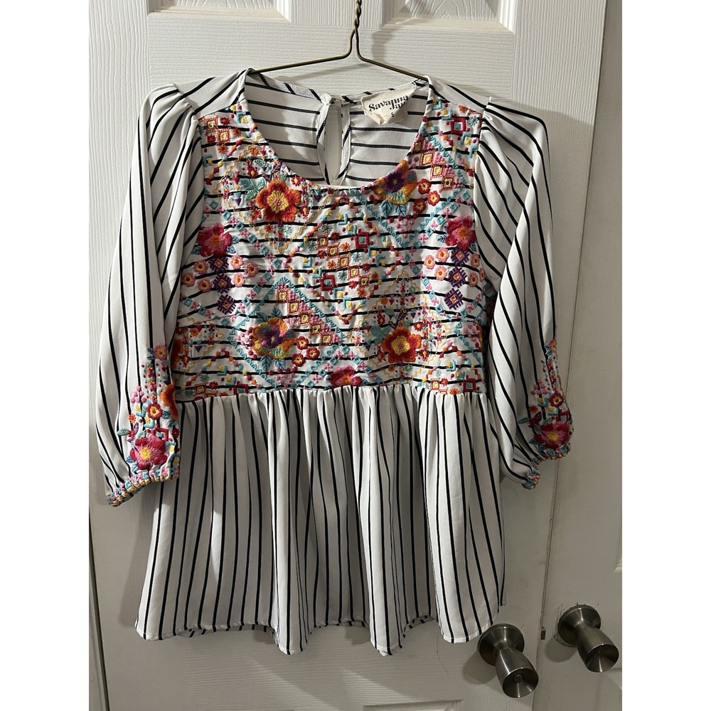 Savanna Jane Women's Top Boho Floral Embroidered Striped Multicolor Size Small